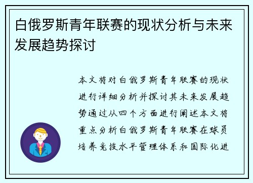 白俄罗斯青年联赛的现状分析与未来发展趋势探讨