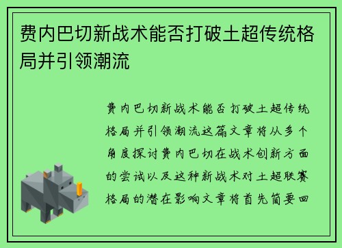 费内巴切新战术能否打破土超传统格局并引领潮流